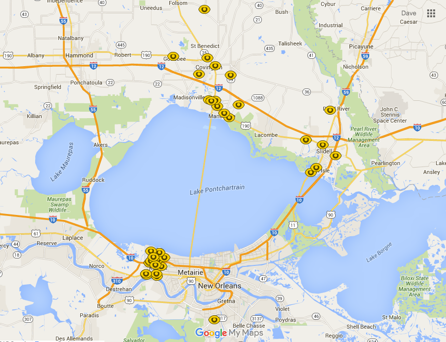 Map of ALPR cameras in Southeastern Louisiana