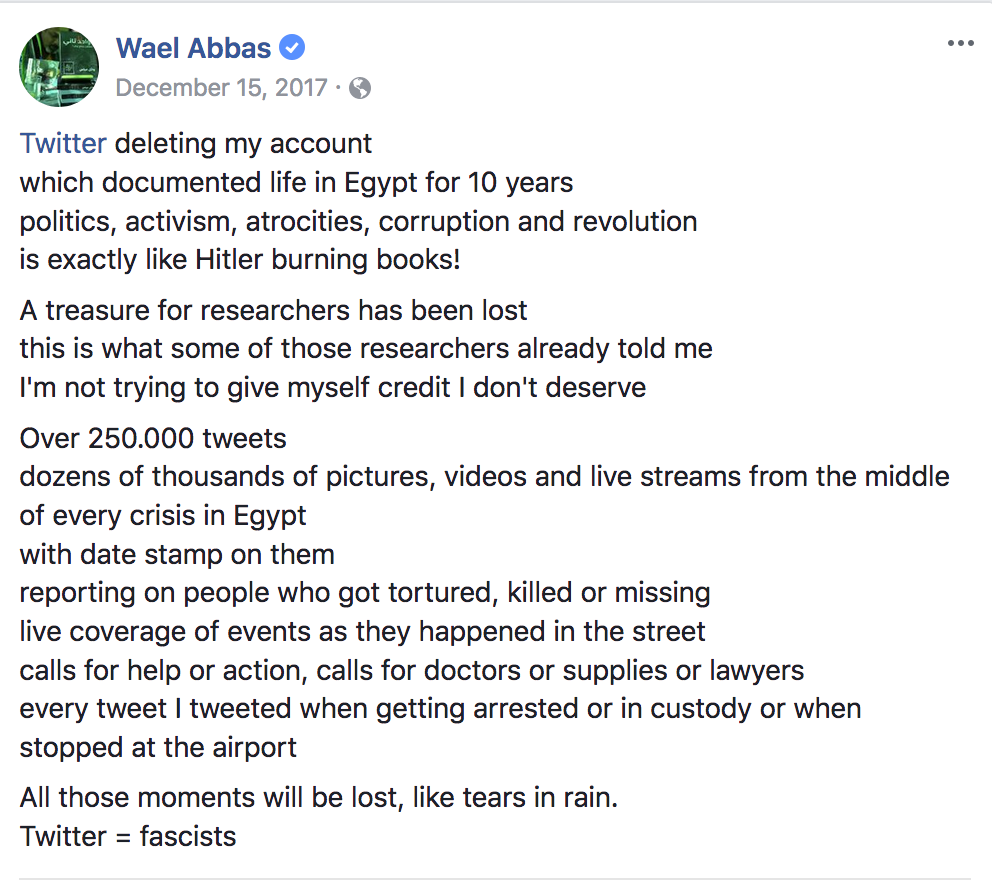 Wael Abbas posts on Facebook about his experience with Twitter