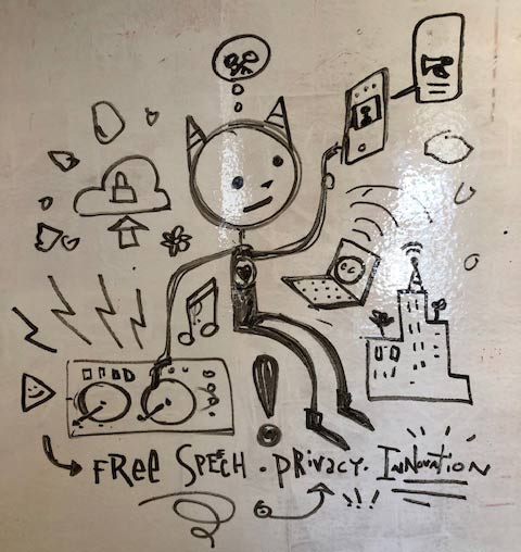 Whiteboard sketch of digital cat enjoying Internet freedom