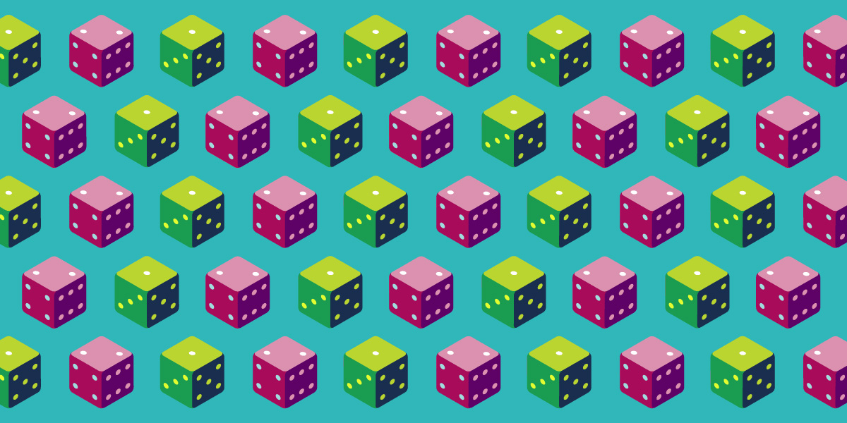 A pattern of multi-colored dice against a turquoise background.