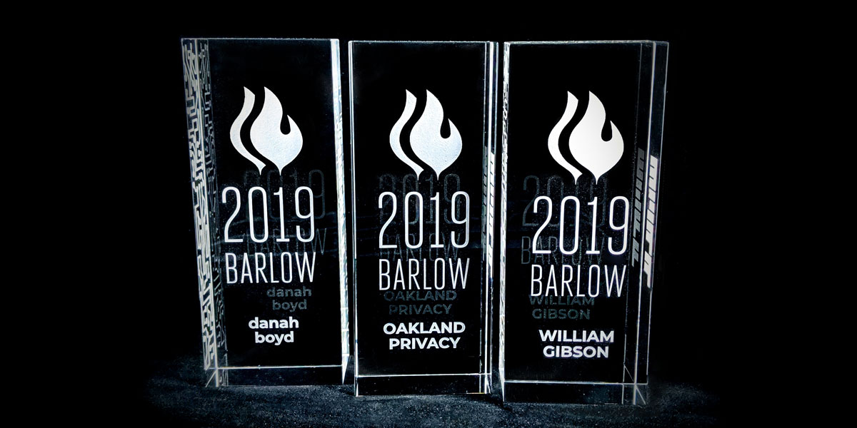 Three rectangular awards in clear acrylic. Front engraved with 2019 Barlow and danah boyd, Oakland Privacy, William Gibson, respectively.