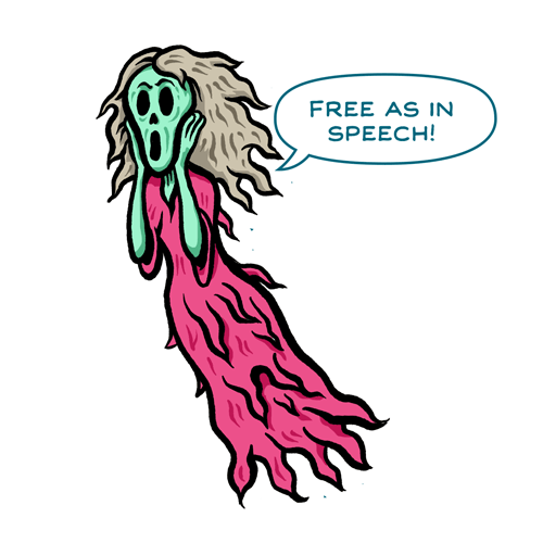 Banshee in pink floating in a forest saying "Free as in speech!