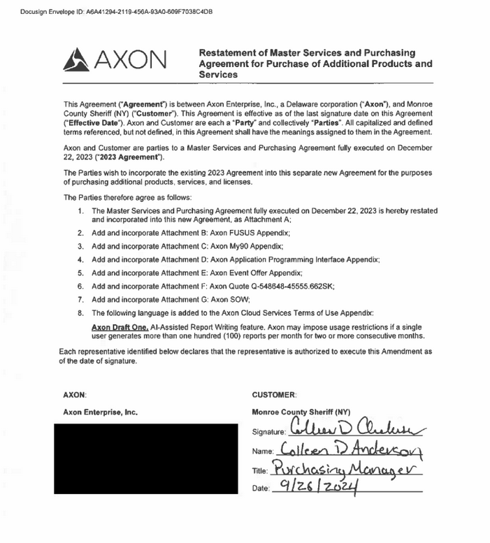 An Axon purchasing agreement indicating the agency is adding Draft One to its existing suite of services. An Axon purchasing agreement indicating the agency is adding Draft One to its existing suite of services.
