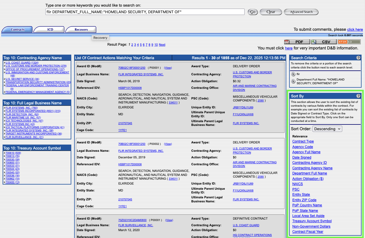 FPDS.gov results for FLIR with the sort by sidebar highlighted FPDS.gov results for FLIR with the sort by sidebar highlighted
