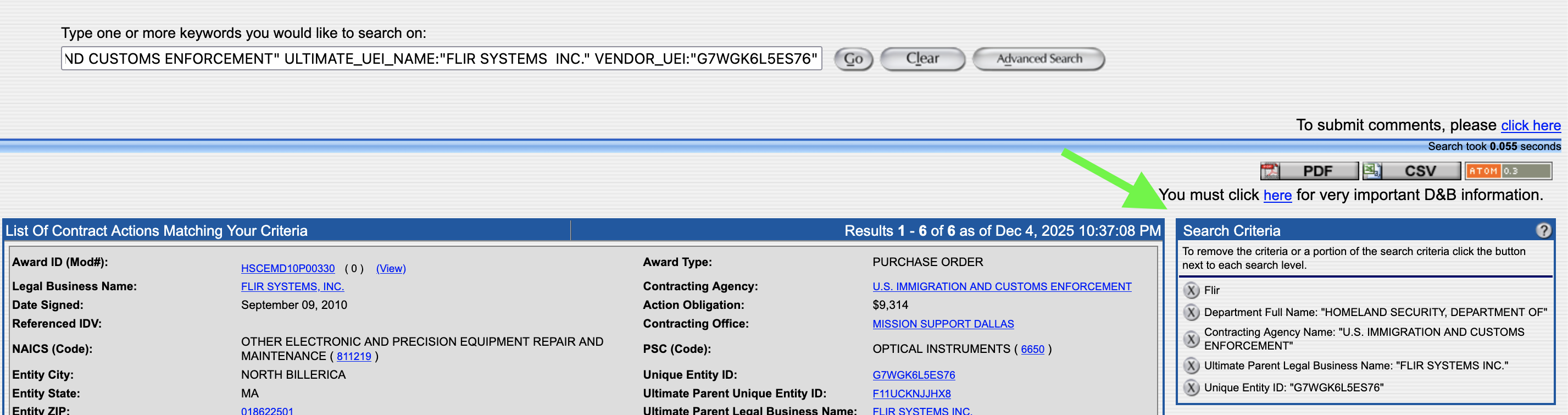 FPDS.gov results with the sidebar for deselecting terms highlighted with an arrow. FPDS.gov results with the sidebar for deselecting terms highlighted with an arrow.