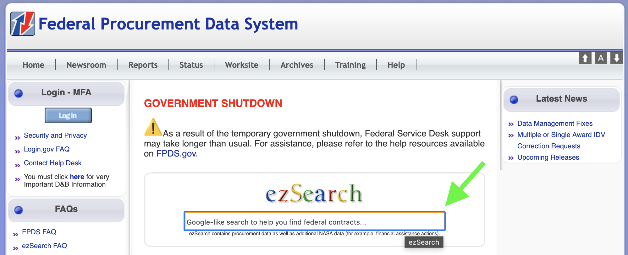 The EZ Search landing page for FPDS.gov The EZ Search landing page for FPDS.gov
