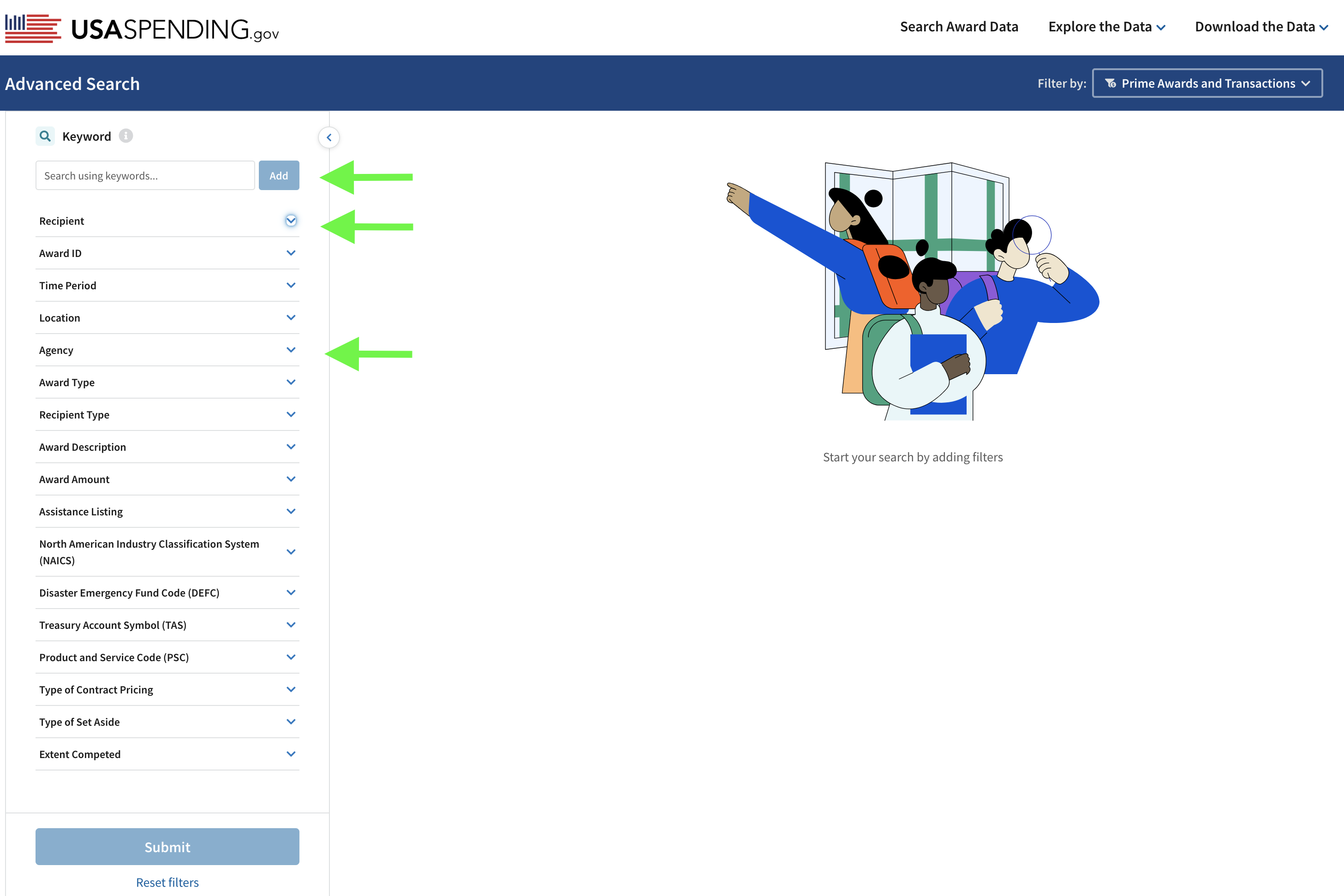USA Spending page with arrows pointing to the key search filters. USA Spending page with arrows pointing to the key search filters.