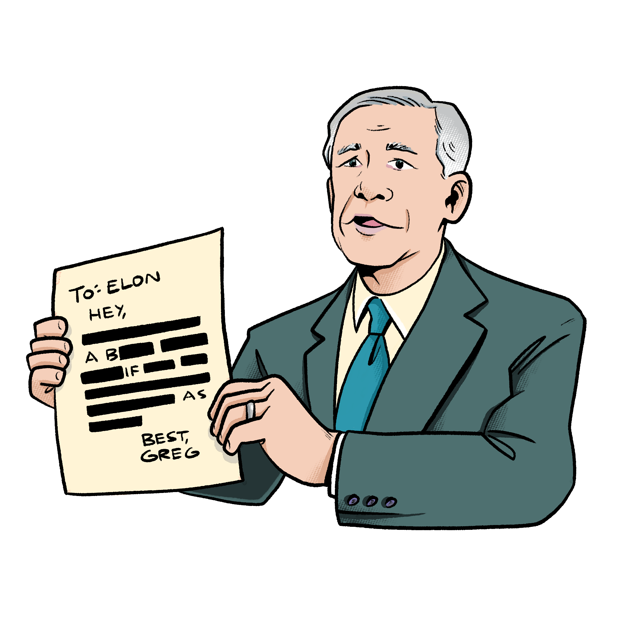 An illustration of Texas Gov. Greg Abbott holding up a redacted letter to Elon Musk. An illustration of Texas Gov. Greg Abbott holding up a redacted letter to Elon Musk.