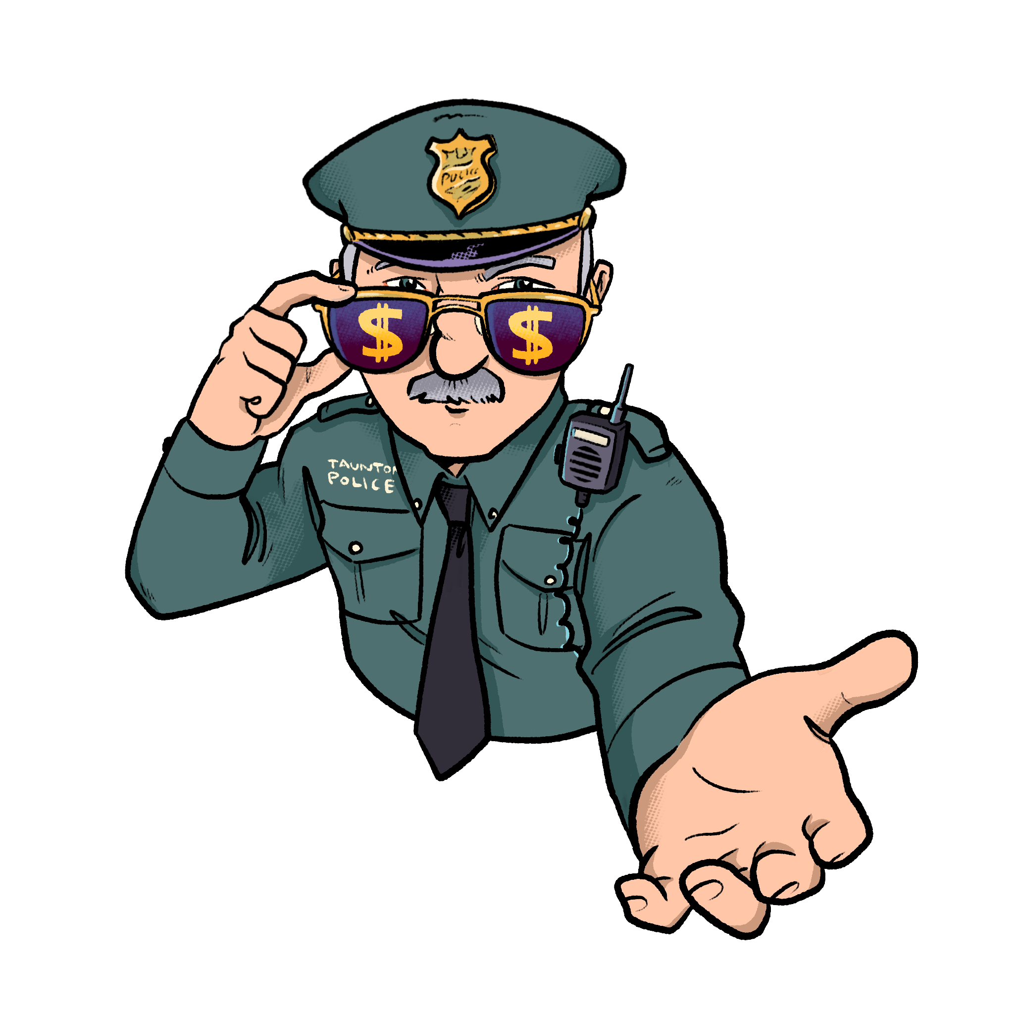 A police officer with dollar-sign sunglasses holding his hand out for money. A police officer with dollar-sign sunglasses holding his hand out for money.