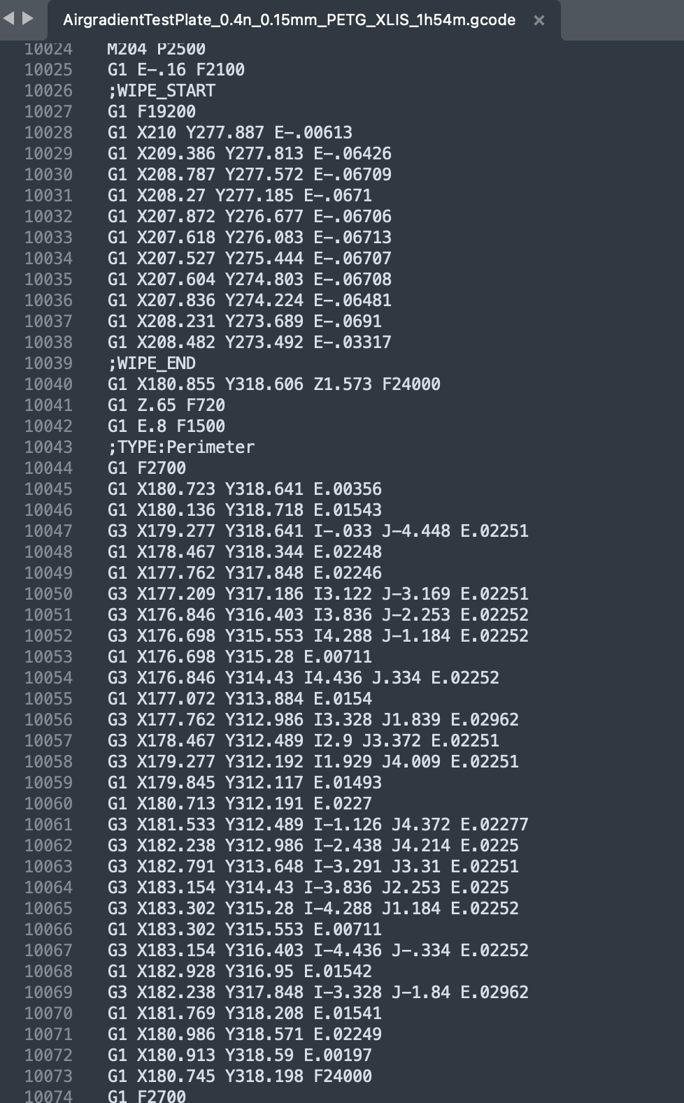 Line 10024-10074 of g-code produced when slicing the 3D model. Line 10024-10074 of g-code produced when slicing the 3D model.