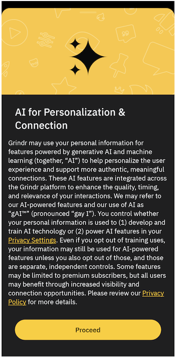Notice entitled "AI for Personalization & Connection" describes the use of personal data for AI features. The only prominent button is "Proceed" Notice entitled "AI for Personalization & Connection" describes the use of personal data for AI features. The only prominent button is "Proceed"