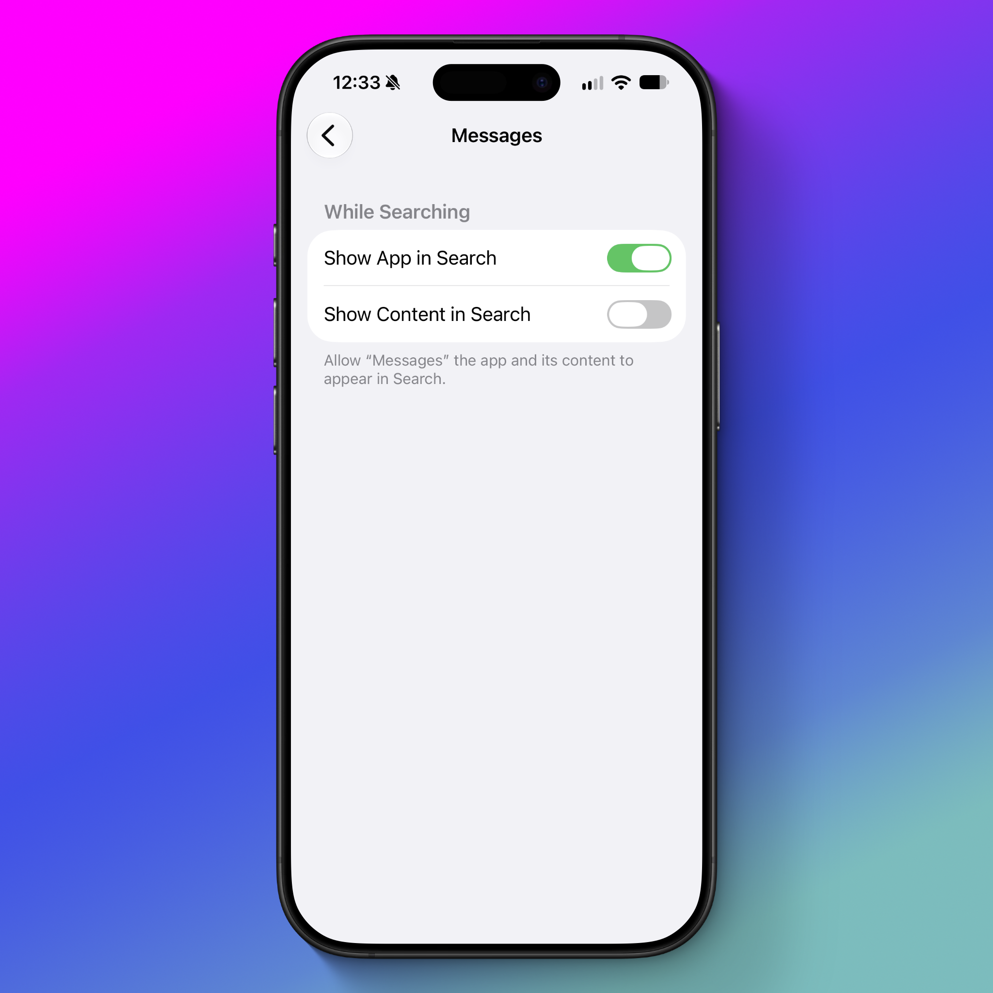 screenshot of settings app showing "show content in search" unchecked screenshot of settings app showing "show content in search" unchecked
