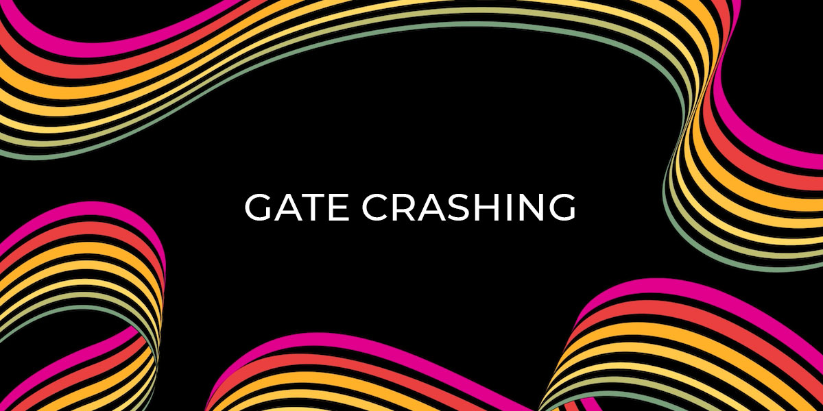 Gate Crashing banner with waving rainbow stripes