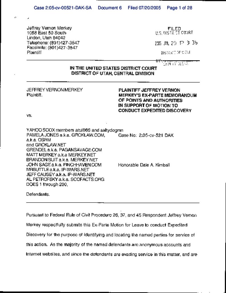 Plaintiff's Ex Parte Memorandum of Points and Authorities in Support of ...