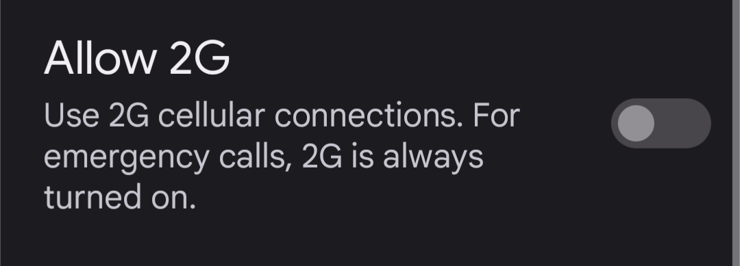 An Image of the 2G toggle turned off, disabling 2G