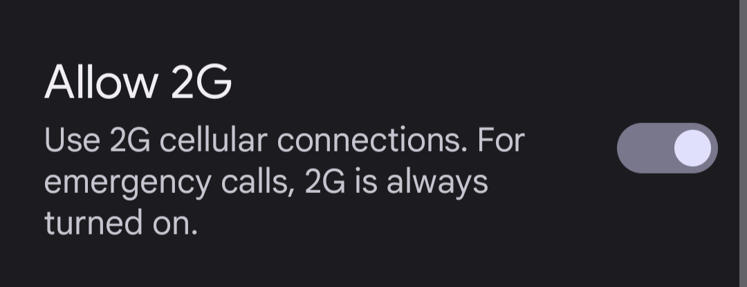 An Image of the 2G toggle turned on, enabling 2G