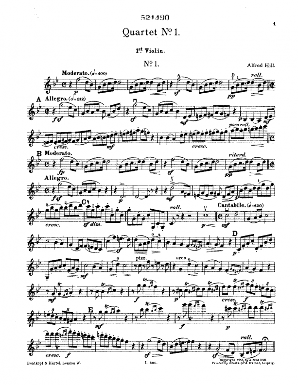 First page of the manuscript of String Quartet No.1 by Alfred Hill 