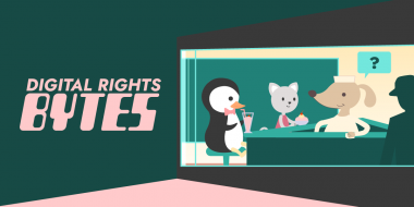 Penguin and cat sitting at the Digitial Rights Bytes diner bar being served by a dog