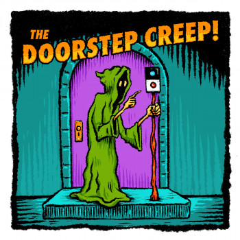 "The Doorstep Creep" text over illustration of a cloaked figure in front of a door, holding a staff topped with a camera