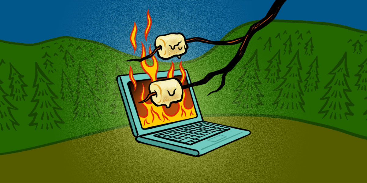 Encryptids laptop with flames cooking marshmallows