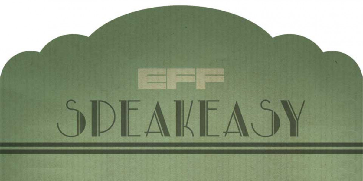 Olive green EFF Speakeasy banner in an art deco style