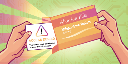 Hands opening a box of abortion pills and pulling out a insert that says "Access Denied"