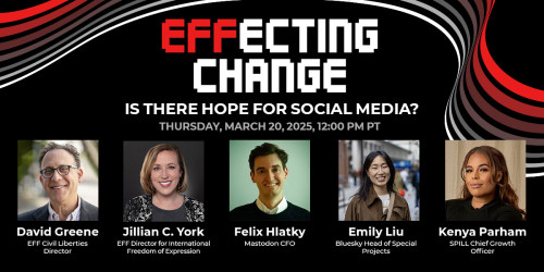 The words "EFFecting Change" on a black background with red, white, and grey ribbons with photos of the panelists