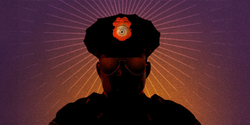 A silhouette of a police officer, with spying eye on his hat