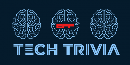 2022 EFF Tech Trivia Night Banner with 3 light blue circuit board brains on a dark blue background