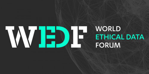 WEDF World Ethical Data Forum on a dark gray background with a spherical gray network