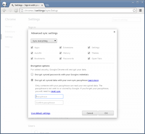 Google Chrome sync settings